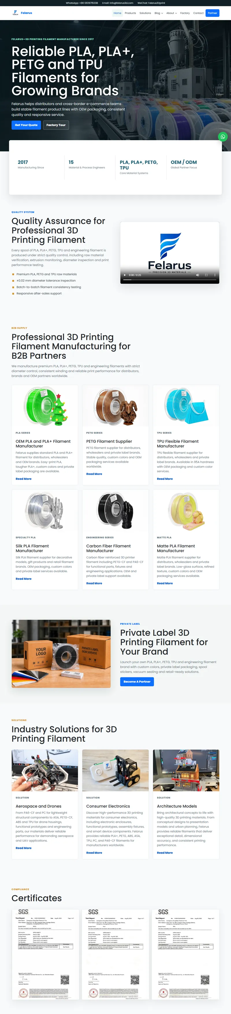 Felarus | OEM & Private Label 3D Printing Filament Manufacturer | Felarus3D 网页长截图